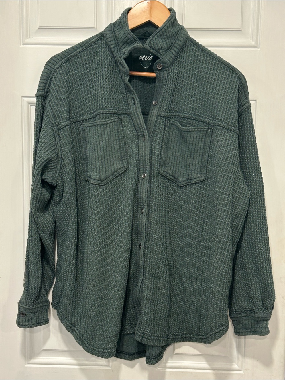 Aerie Anytime Fave Waffle Shirt Shacket Dark Sage Green (Size XS) Cozy Cabincore
